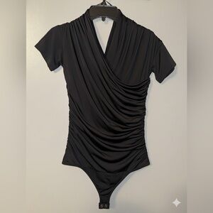 Express Black Ruched Bodysuit Top Stretchy Crossover V-Neck V-Back